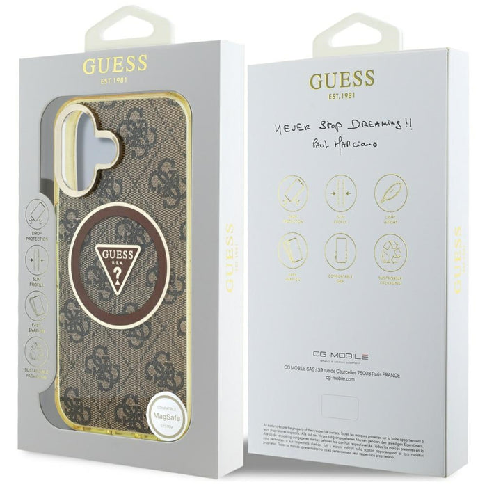 Guess IML Metal Glitter 4G Circle Triangle MagSafe Case for iPhone 16 - Brown