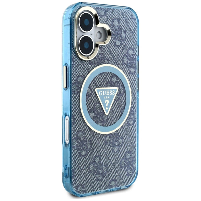 Guess IML Metal Glitter 4G Circle Triangle MagSafe Case for iPhone 16 - Blue