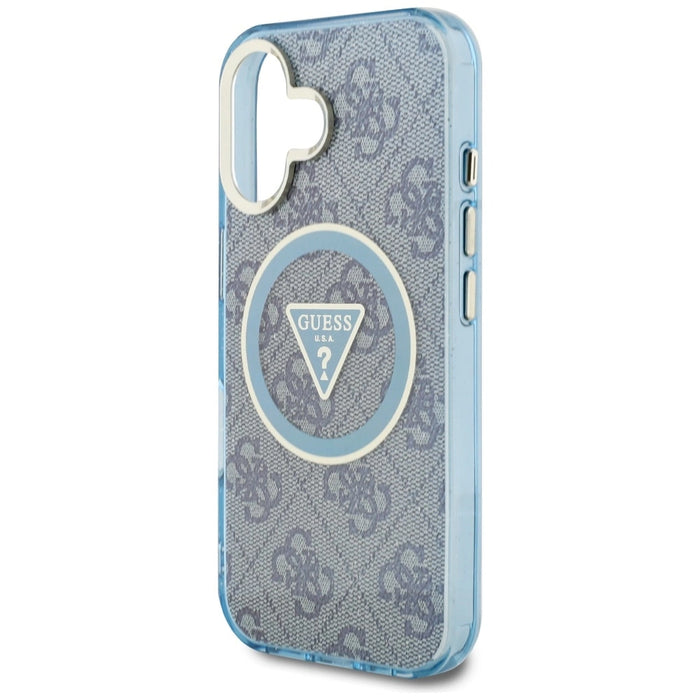 Guess IML Metal Glitter 4G Circle Triangle MagSafe Case for iPhone 16 - Blue