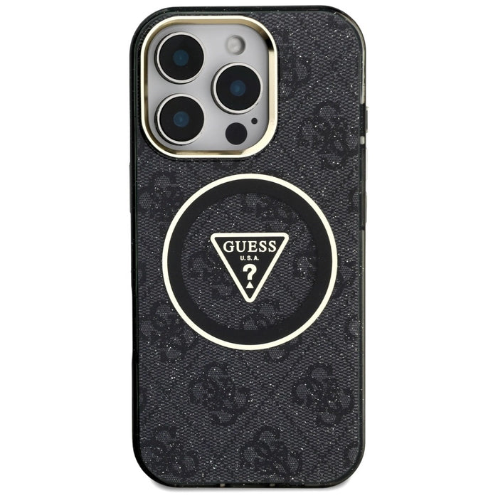 Guess IML Metal Glitter 4G Circle Triangle MagSafe Case for iPhone 16 Pro - Black