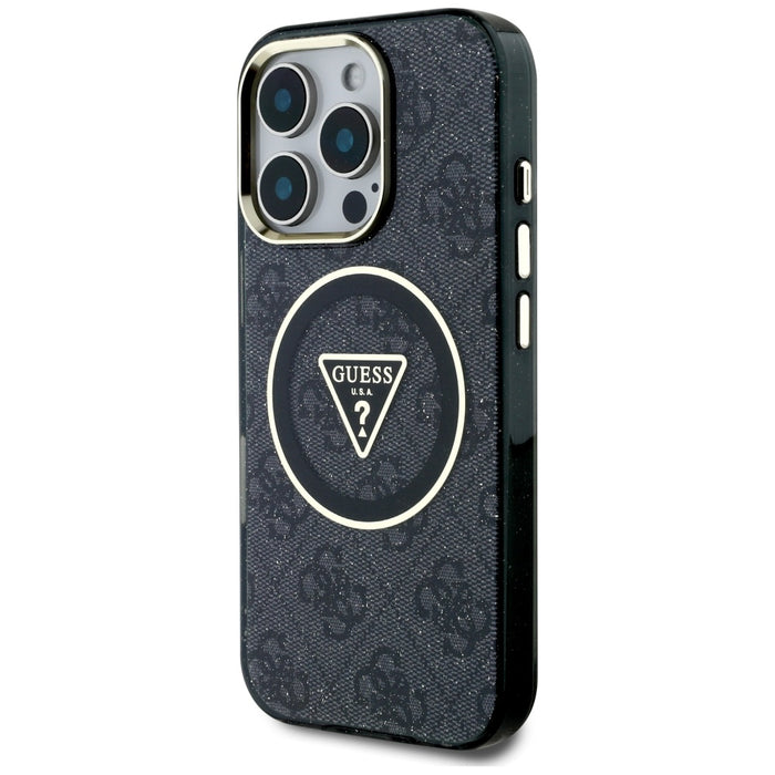 Guess IML Metal Glitter 4G Circle Triangle MagSafe Case for iPhone 16 Pro - Black
