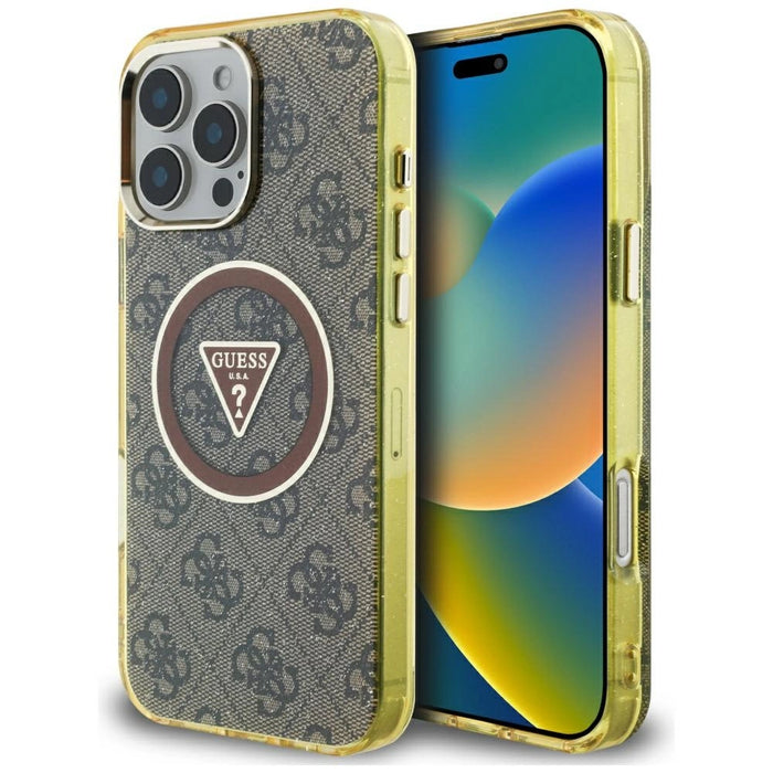 Guess IML Metal Glitter 4G Circle Triangle MagSafe Case for iPhone 16 Pro Max - Brown