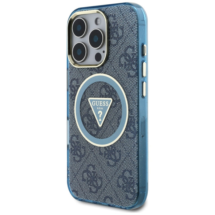 Guess IML Metal Glitter 4G Circle Triangle MagSafe Case for iPhone 16 Pro Max - Blue