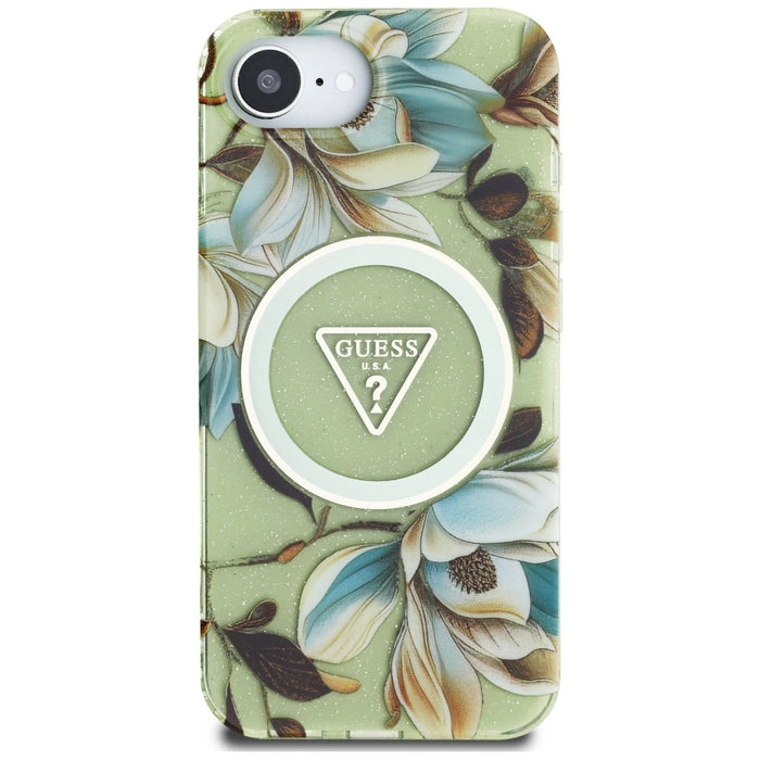 Guess IML Metal Glitter Flowers Triangle MagSafe iPhone 16e Case - Green