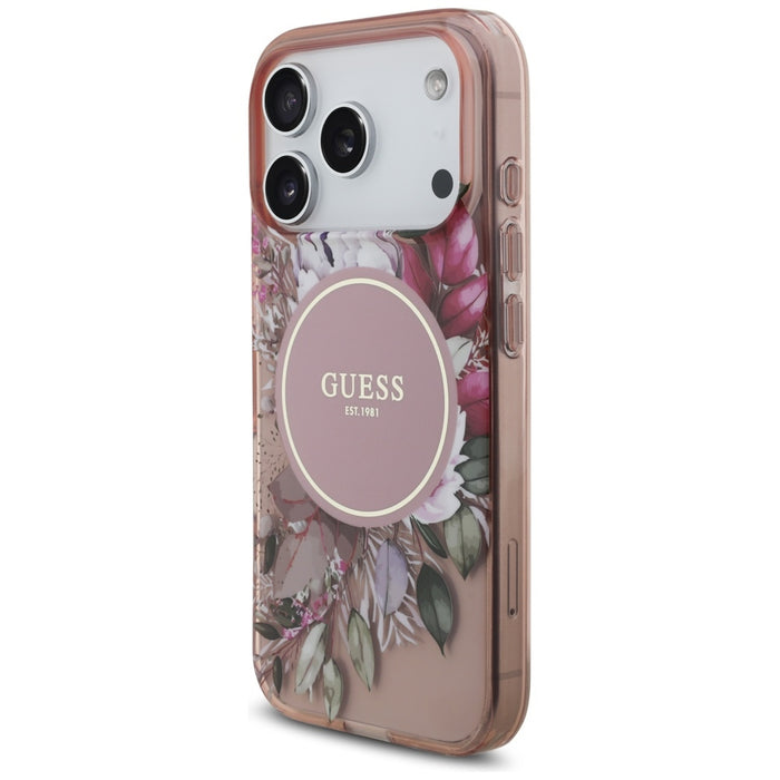 Guess IML Flowers Pearl Strap MagSafe Case for iPhone 17 Pro - Pink