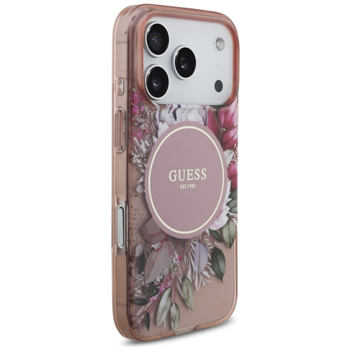 Guess IML Flowers Pearl Strap MagSafe Case for iPhone 17 Pro - Pink