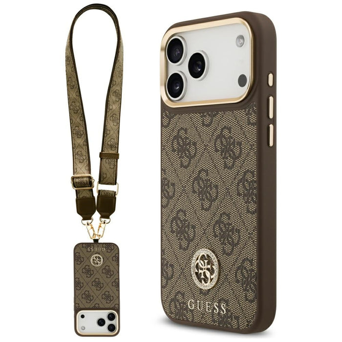 Guess 4G Strass Logo &amp; Big Strap Metal Buttons MagSafe Case for iPhone 17 Pro Max - Brown