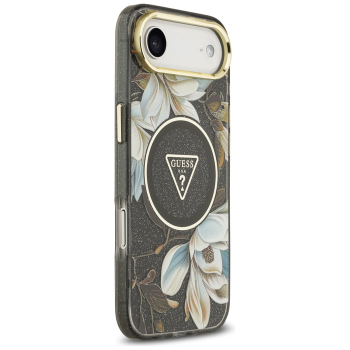 Guess IML Glitter Flowers Triangle MagSafe case for iPhone Air - black