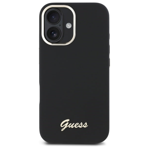 Guess Silicone Script Metal Logo &amp; Frame Case for iPhone 16 Plus - Black