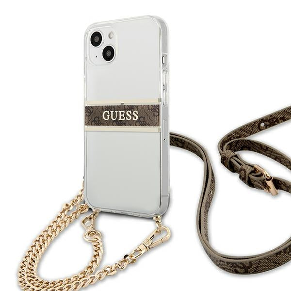 Guess GUHCP13SKC4GBGO iPhone 13 mini 5.4" Transparent hardcase 4G Brown Strap Gold Chain