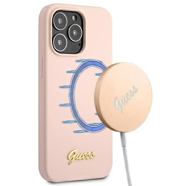 Guess GUHMP13LLSLMGLP iPhone 13 Pro / 13 6.1&quot; light pink/light pink hardcase Silicone Script Gold Logo Magsafe