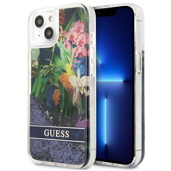 Guess GUHCP13SLFLSB iPhone 13 mini 5.4&quot; blue/blue hardcase Flower Liquid Glitter