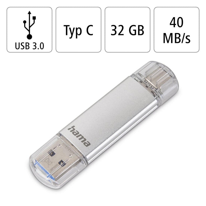 USB memory stick HAMA Type USB-C/USB-A 3.0 Laeta, 32GB, 40 MB/s, silver