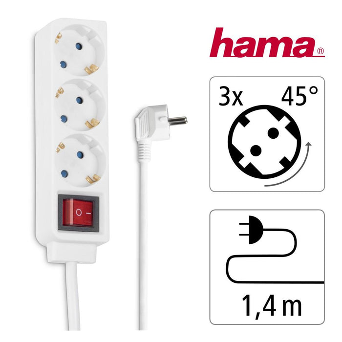 HAMA 3-socket power strip, 1.4m, white with on/off button.
