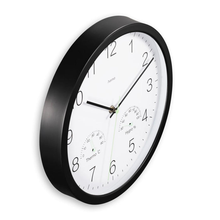 HAMA Wall clock "Santorini", without ticking, Thermo/hygrometer, Ø 30cm, black