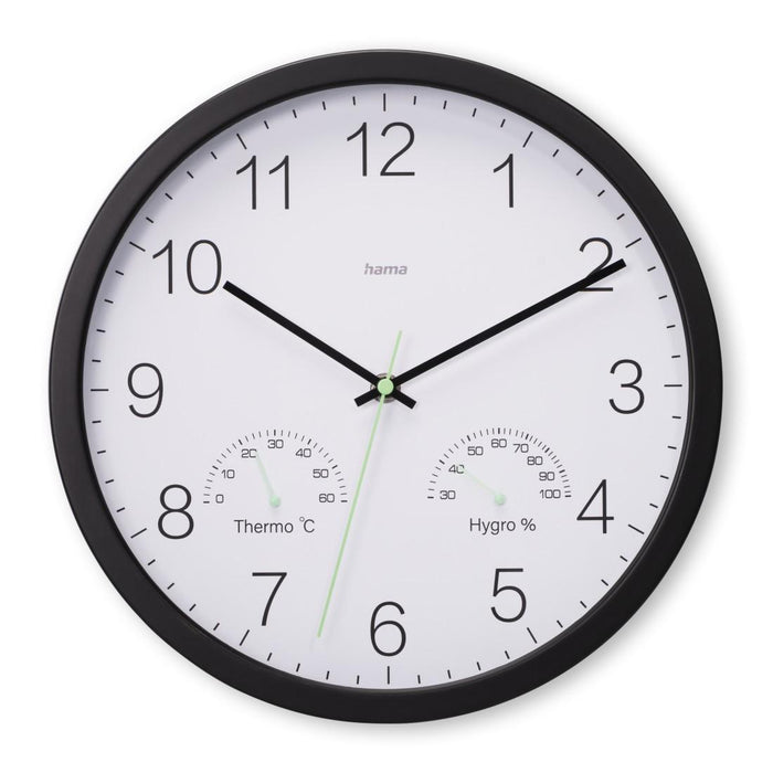 HAMA Wall clock "Santorini", without ticking, Thermo/hygrometer, Ø 30cm, black