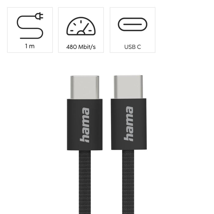 HAMA "Fabric" charging cable, USB-C - USB-C, 1 m, Nylon, black
