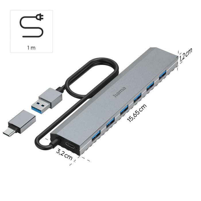 HAMA 7-port hub, USB 3.2 Gen 1, 5 Gbit/s, USB-C adapter with power supply