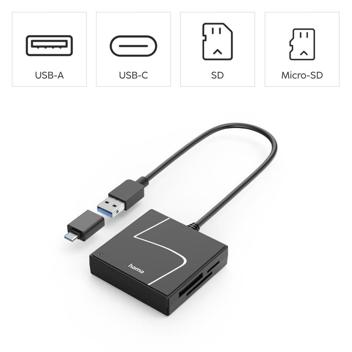 HAMA USB card reader, USB-A, with USB-C adapter, USB 3.2 Gen1, SD/micro-SD/CF/MS