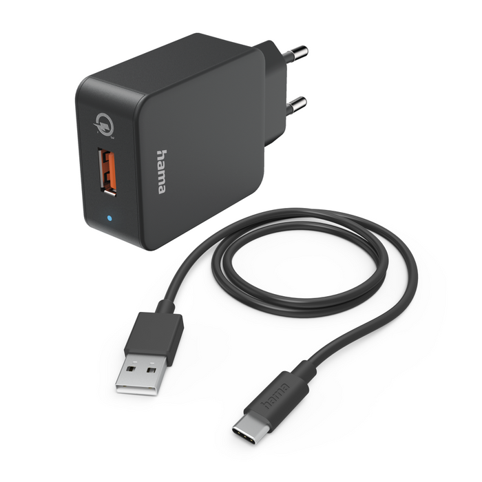 Network charger HAMA, 220V, USB-C, Qualcomm, Quick Charge, 19.5W, Incl. cable, Black