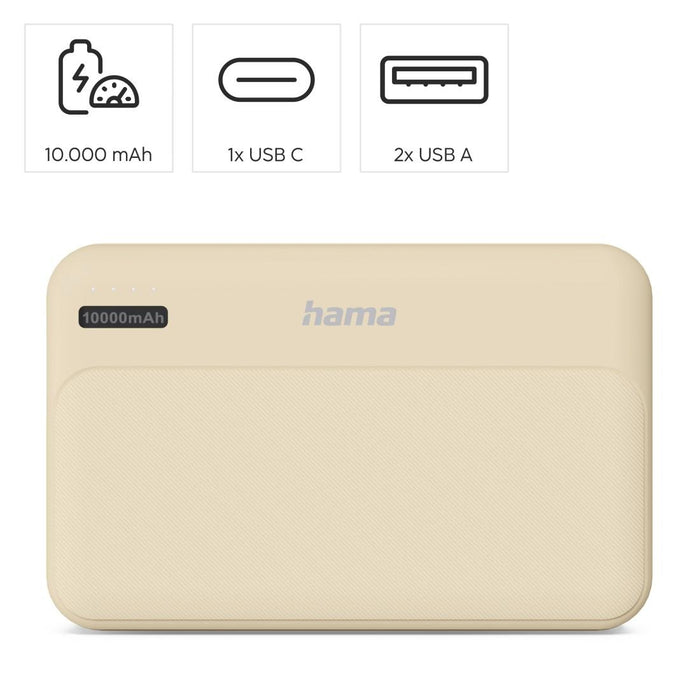 HAMA External battery "Pocket 10", 10000 mAh, Outputs: 2x USB-A, beige
