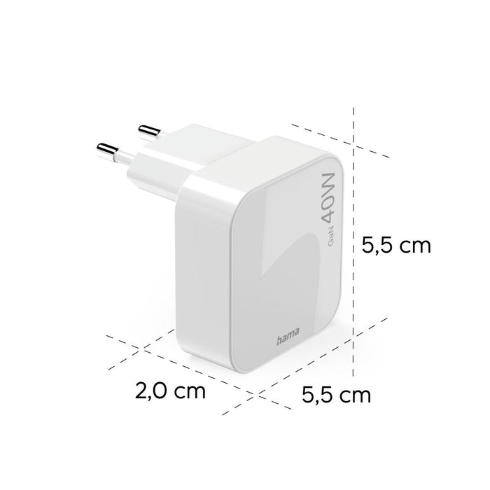 HAMA Fast Mini Charger GaN, 2 x USB-C, PD, 40 W, foldable adapter, white
