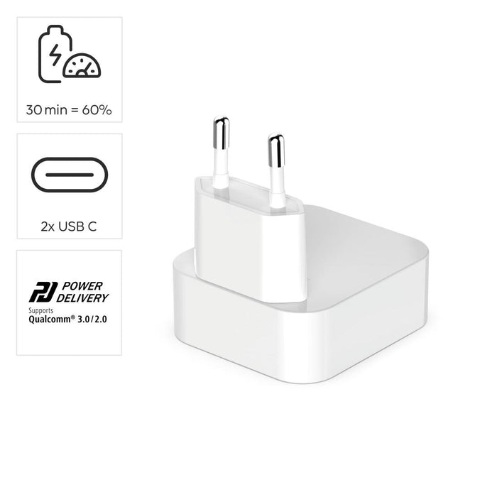 HAMA Fast Mini Charger GaN, 2 x USB-C, PD, 40 W, foldable adapter, white