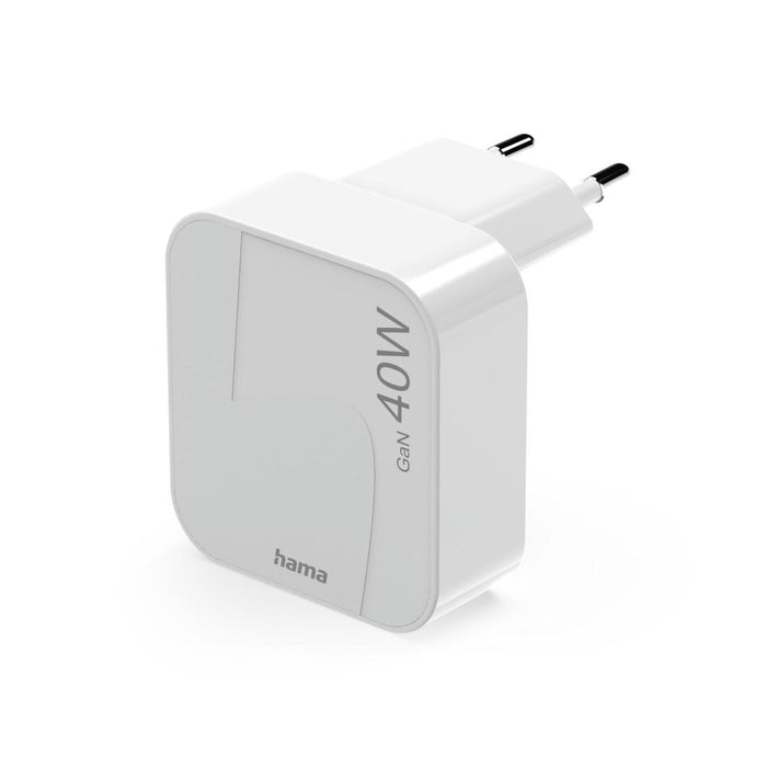 HAMA Fast Mini Charger GaN, 2 x USB-C, PD, 40 W, foldable adapter, white