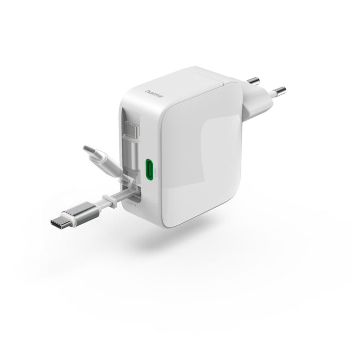 HAMA Fast charger, 30 W, GaN, 2x USB-C, with extension cable 0.7m, white