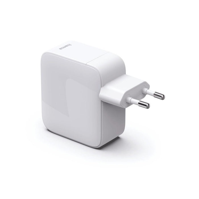 HAMA Fast charger, 65 W, GaN, 2x USB-C, with extension cable 0.7m, white