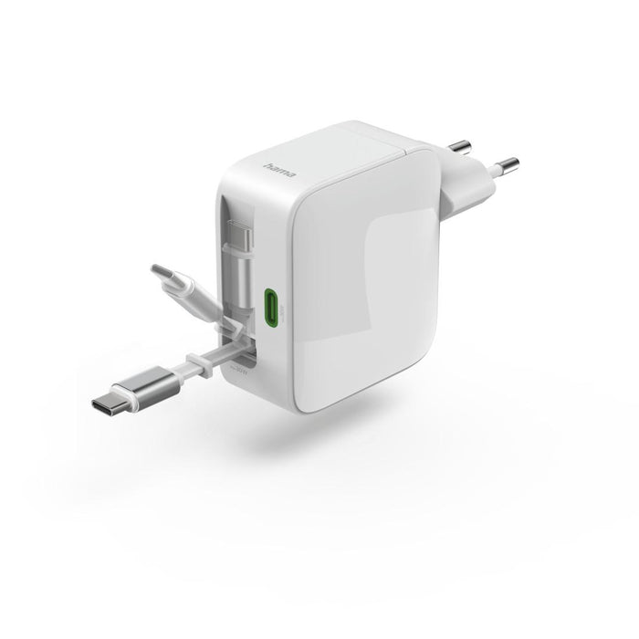 HAMA Fast charger, 65 W, GaN, 2x USB-C, with extension cable 0.7m, white