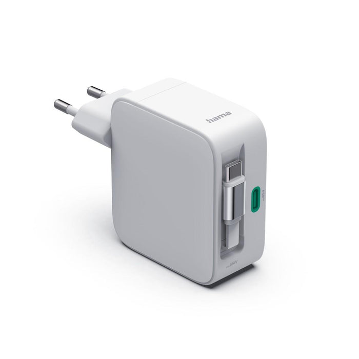 HAMA Fast charger, 65 W, GaN, 2x USB-C, with extension cable 0.7m, white
