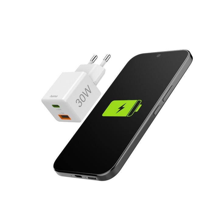 HAMA Fast mini Gan charger, 30 W, 1x USB-C, 1x USB-A, PD, white