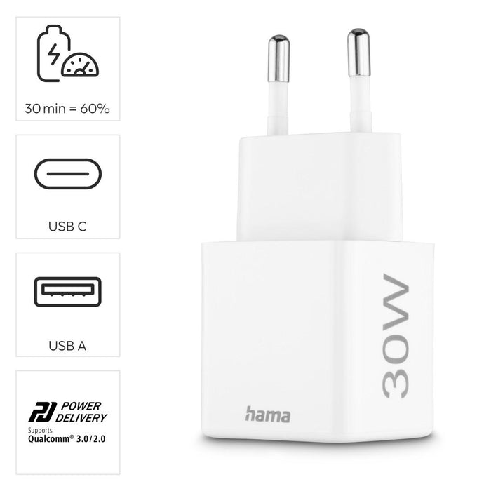 HAMA Fast mini Gan charger, 30 W, 1x USB-C, 1x USB-A, PD, white