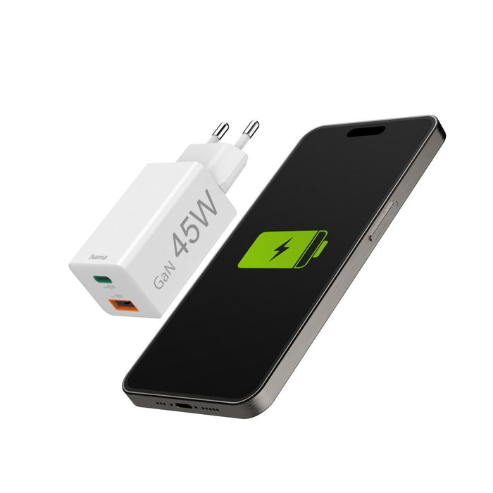 HAMA Fast mini charger, 45 W, 1x USB-C - 1x USB-A, PD, white
