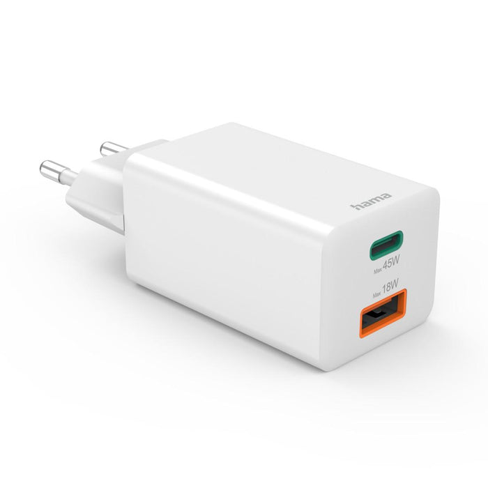 HAMA Fast mini charger, 45 W, 1x USB-C - 1x USB-A, PD, white