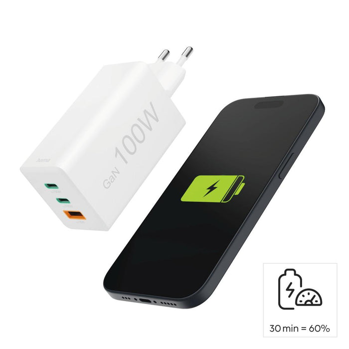 HAMA Fast charger 220V, 100 W GaN, 2x USB-C PD, 1x USB-A QC