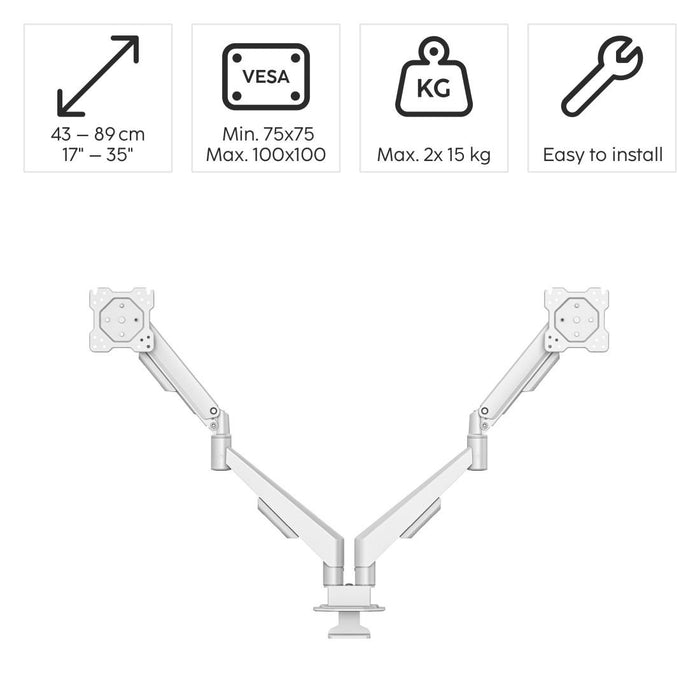 HAMA 2-Monitor Desk Stand, 17"-35", Adjustable, Gas Spring, White