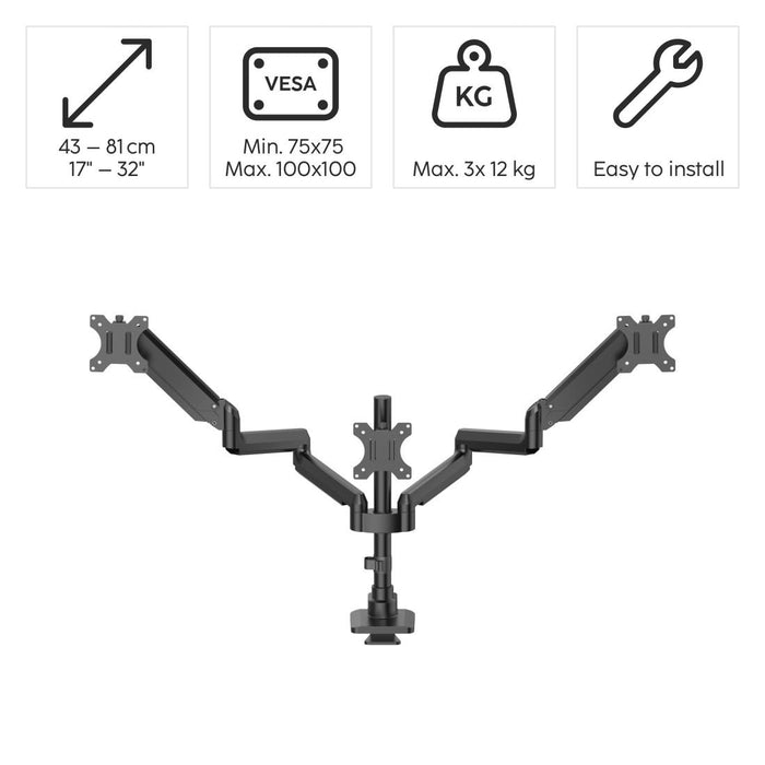 HAMA 3-Monitor Desk Stand, 17"-32", Gas Spring, Fully Mobile, Black