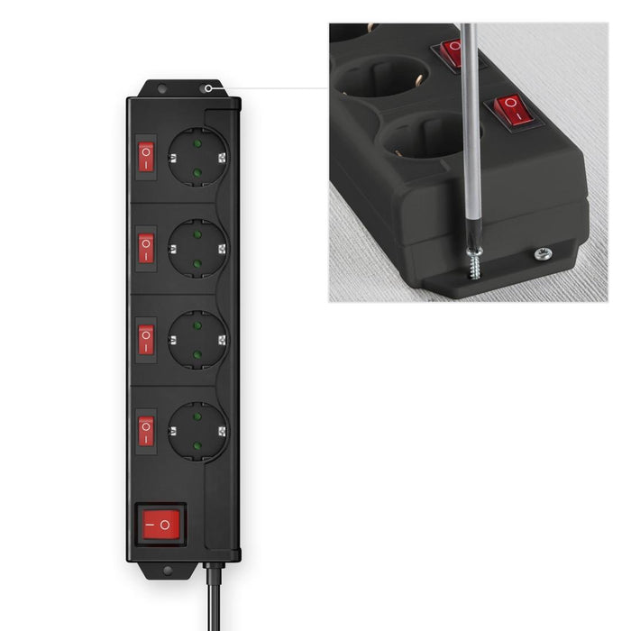 HAMA Power strip with key, 4 sockets at 90°, wall mounting, 1.4m, black
