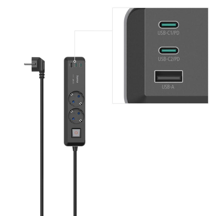 Hama power strip, 2-socket, 1.4 m, 223188