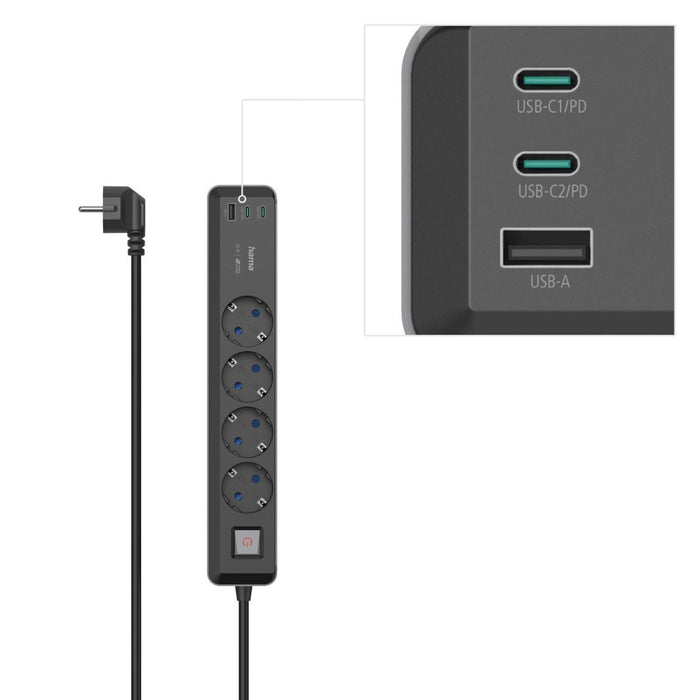 Splitter, 4-sockets, USB-C/A 65 W, PD, HAMA-223189