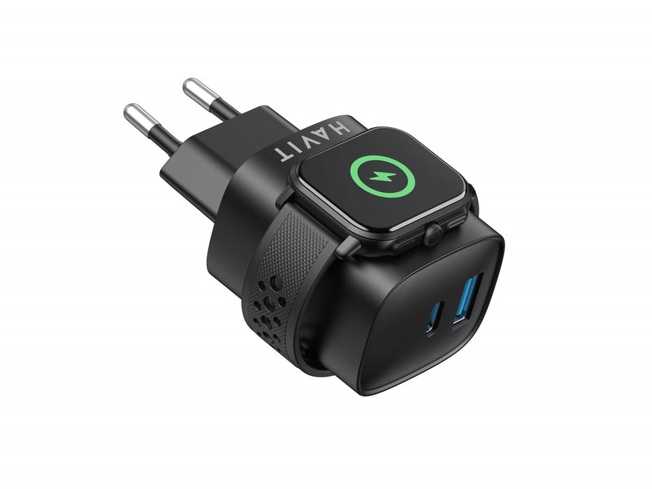 Havit UC132 EU - GaN 22 W dual-port charger with wireless charging option, black