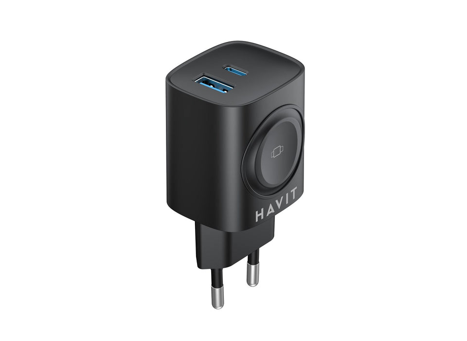 Havit UC132 EU - GaN 22 W dual-port charger with wireless charging option, black