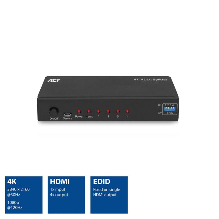 HDMI Splitter ACT AC7831 1 input 4 outputs. 4K Black - Адаптери конвертори<<<Кабели<<<ValiAPI