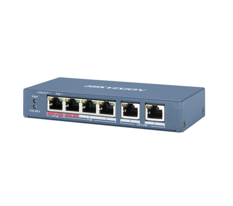 HikVision 6 Port Fast Ethernet Unmanaged POE Switch, 4x 10/100 Mbps PoE port, 2x 10/100 Mbps RJ45 port, Power Budget 60W, Up to 300 m Long Range PoE Transmission