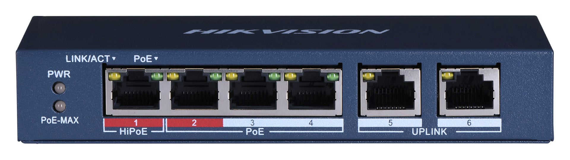 HikVision 6 Port Fast Ethernet Unmanaged POE Switch, 4x 10/100 Mbps PoE port, 2x 10/100 Mbps RJ45 port, Power Budget 60W, Up to 300 m Long Range PoE Transmission