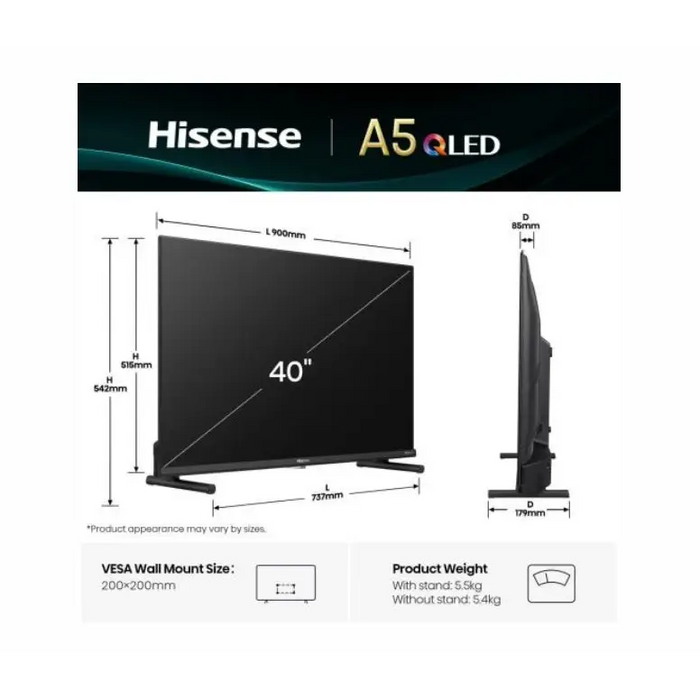 Hisense 40’’ A5Q Full HD 1920x1080 QLED Quantum Dot HDR HLG DTS HD Light Sensor Dolby Audio Smart TV WiFi WiFi Direct