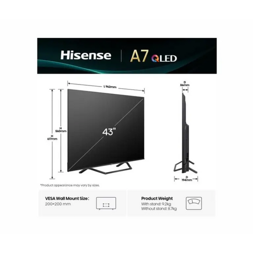 Hisense 43’’ A7Q 4K Ultra HD 3840x2160 QLED FALD Quantum Dot HDR 10+ HLG Dolby Vision Dolby Atmos Smart TV WiFi 5GHz
