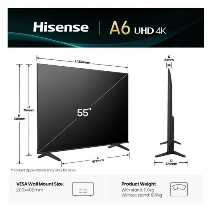 Hisense 55’’ A6Q 4K Ultra HD 3840x2160 DLED DFA Precision Colour HDR 10+ HLG Dolby Vision,Light sensor Smart TV WiFi BT